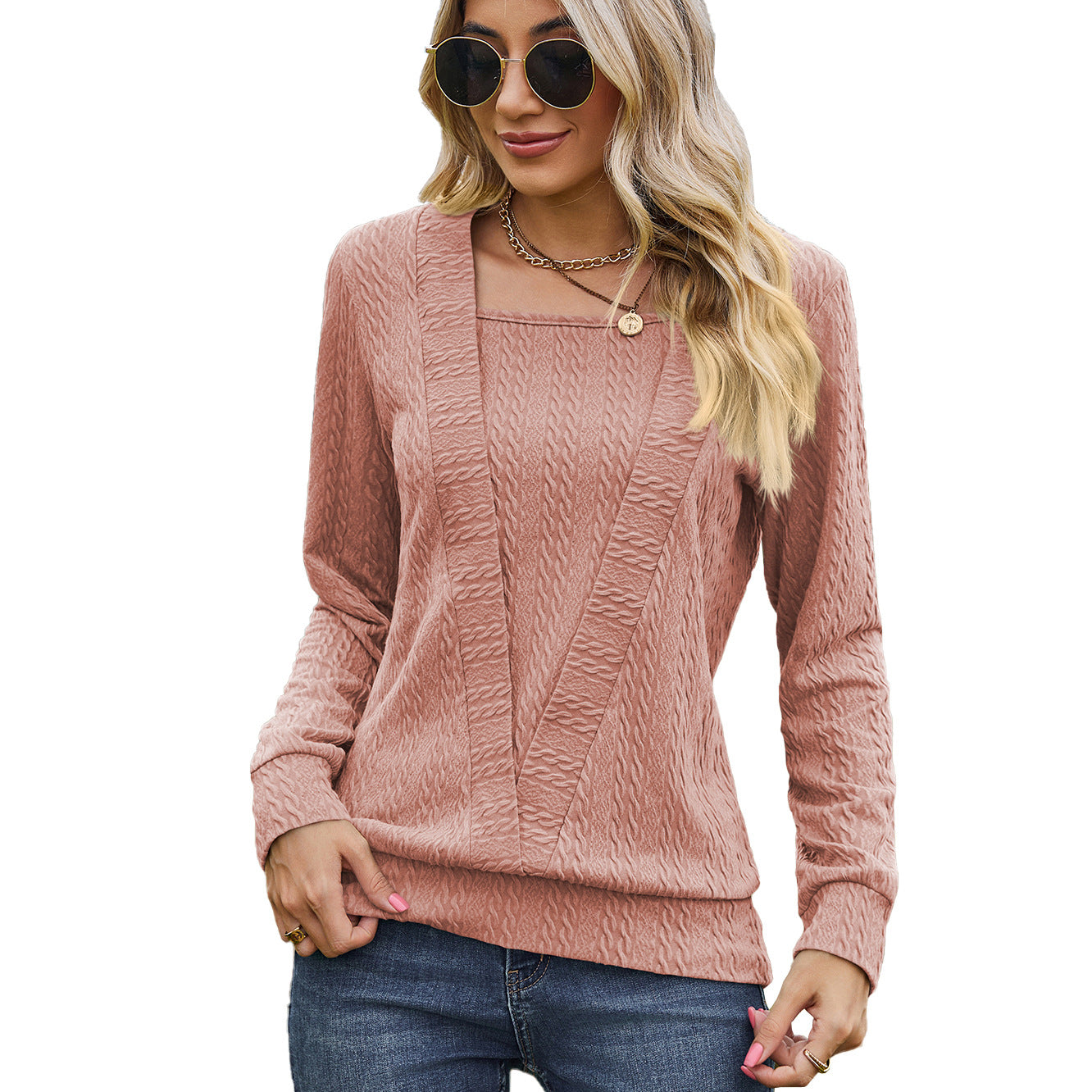 Square Collar Cross Loose Long-sleeved T-shirt Top For Women