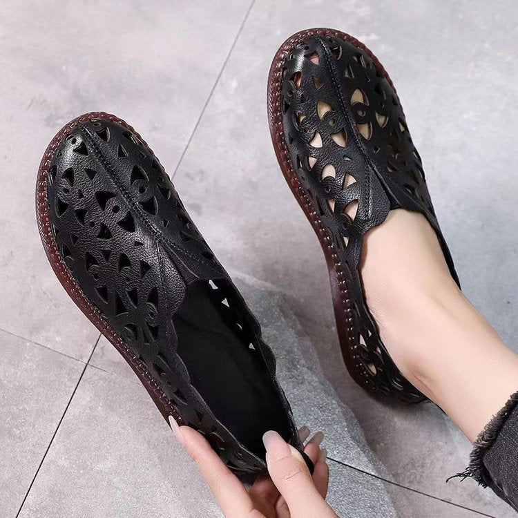Summer Breathable Hollow Flat Round Toe Soft Bottom Plus Size Women's Hole Shoes