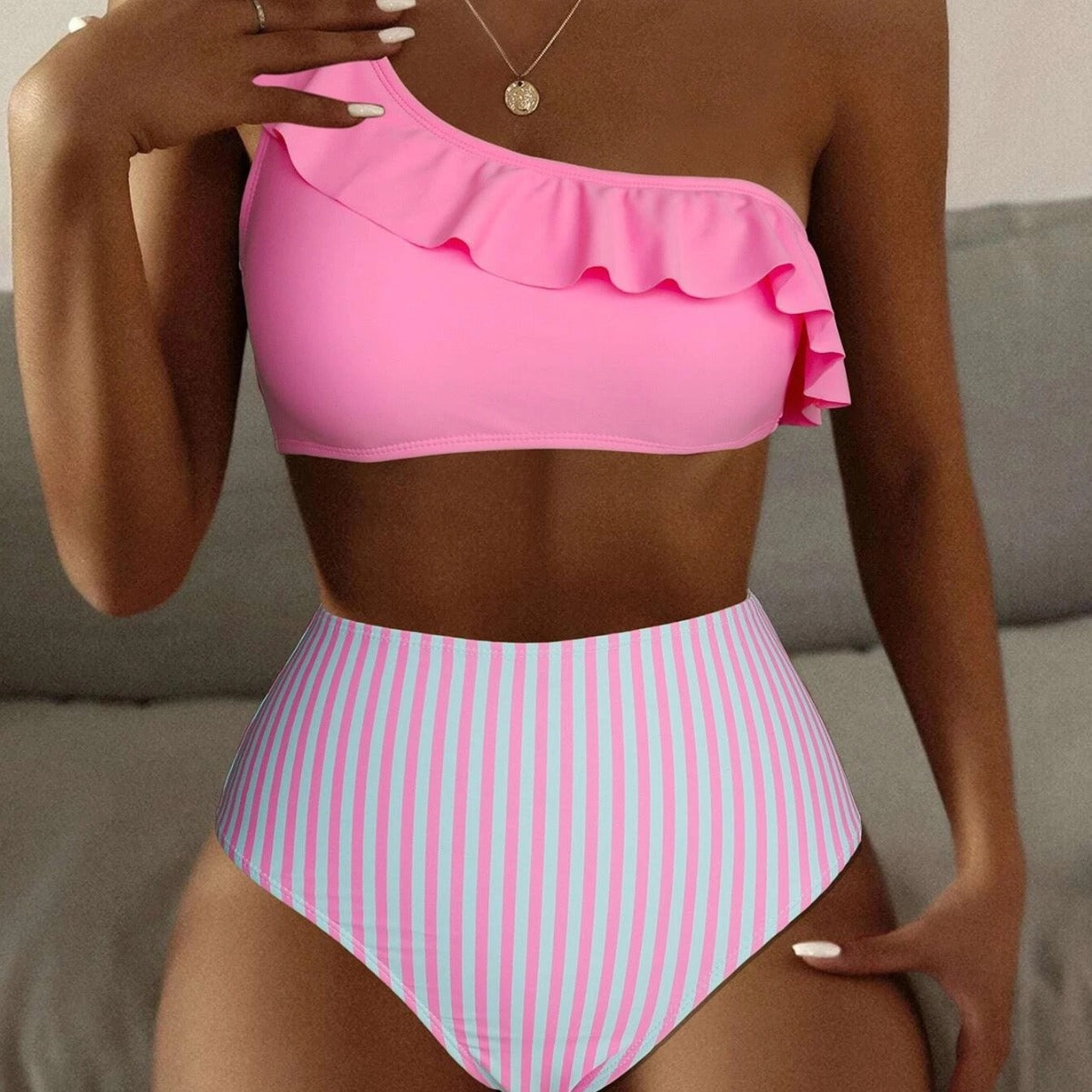 Striped Solid Color Split Bikini Women's Swimsuit