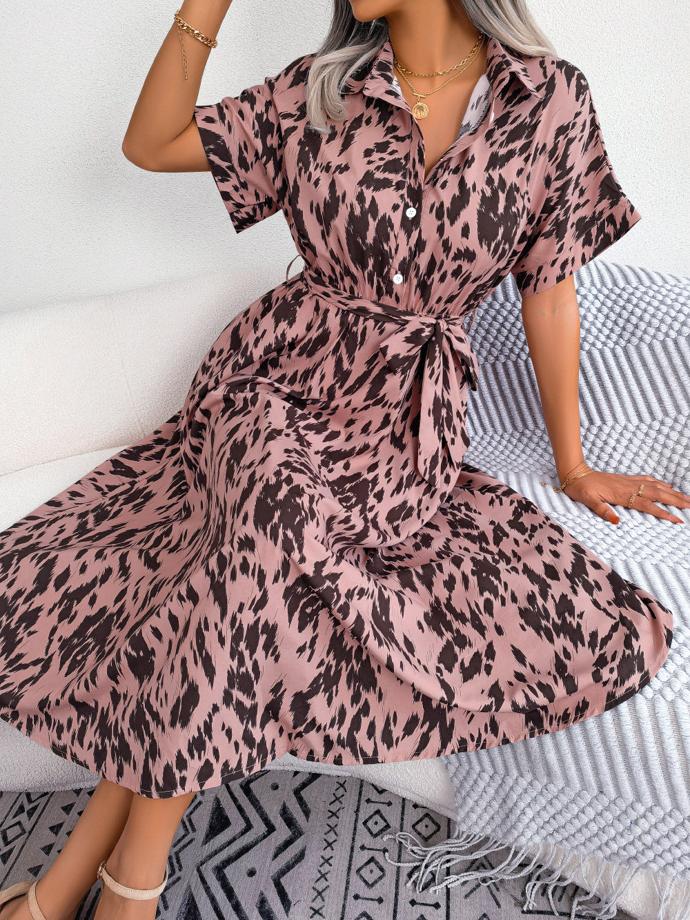 Leisure Loose Leopard Print Lace-up Shirt Dress