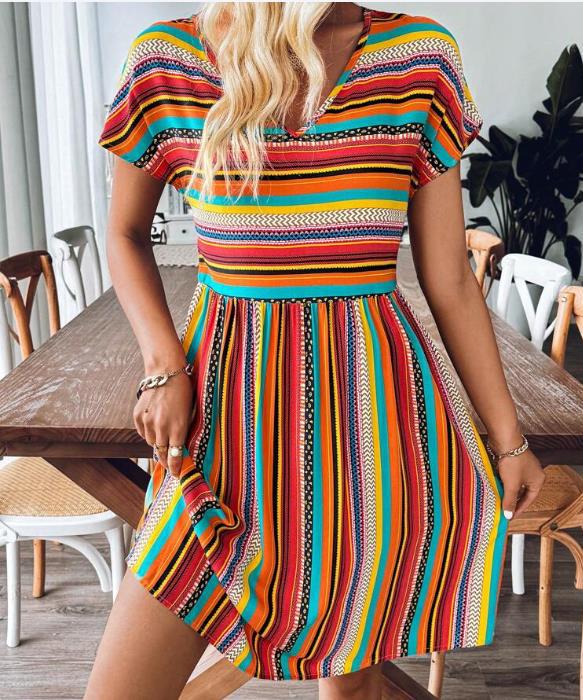Summer New European And American Women's Clothing Color Striped Batwing Sleeve Dress