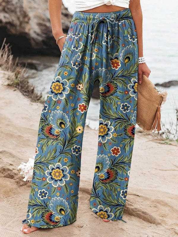 Fashionable Floral Art Printed Elastic Waist Drawstring Pocket Trousers