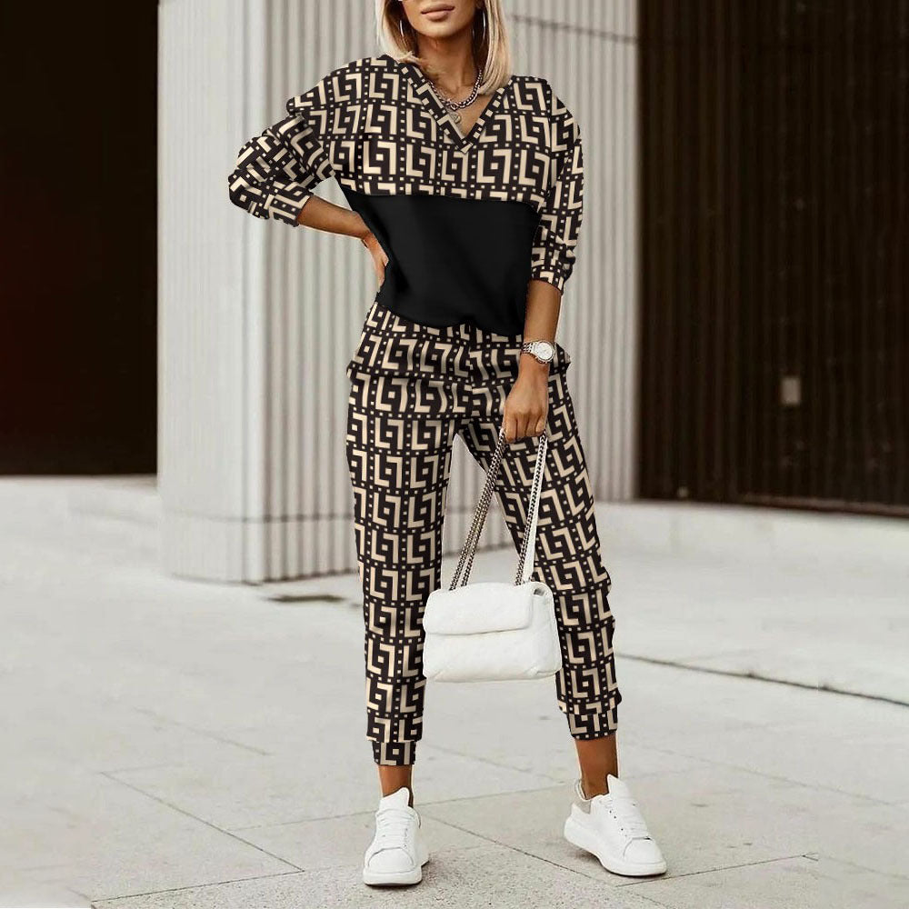 Women's Fashion Printing Long Sleeve Trousers Suit