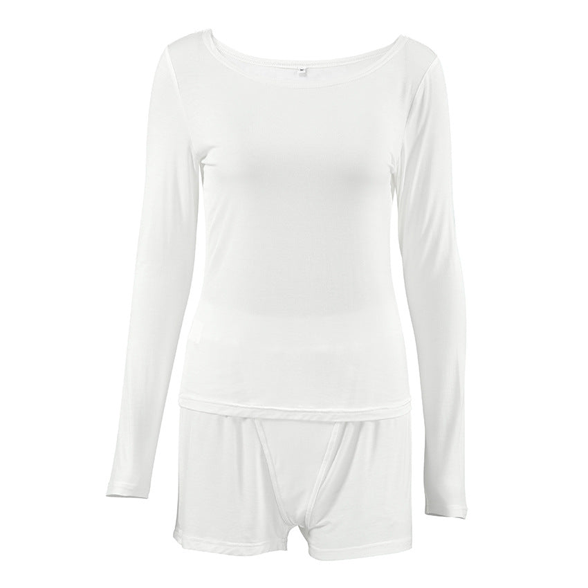 Slim-fit Soft Skin-friendly White Long Sleeve Shorts Two-piece Set