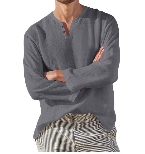 Men's Long Sleeve V-neck Casual Beach Linen Shirt