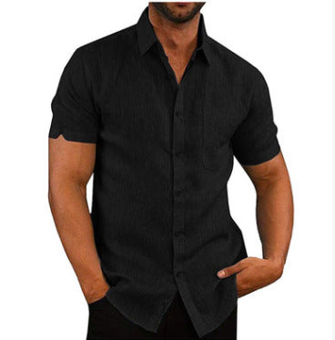 Summer Lapels Solid Color Short Sleeve Button Linen Shirt Men's Clothing