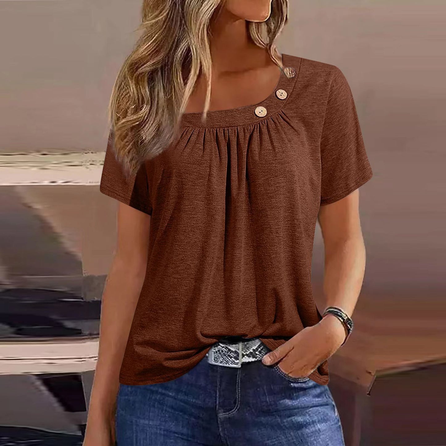 Loose Solid Color Round Neck Button Pleated Short Sleeves T-shirt