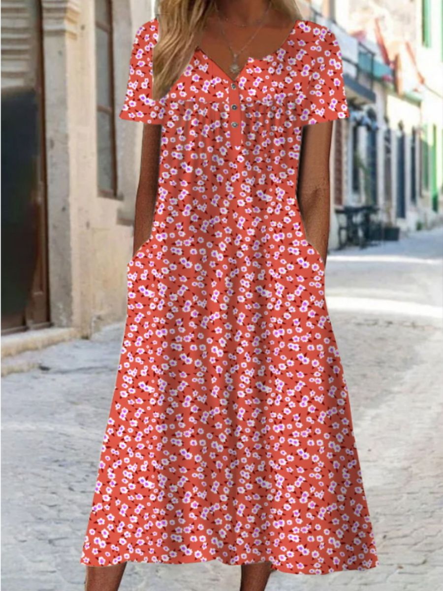Summer Women's 3D Printed Long Short Sleeve Round Neck Dress