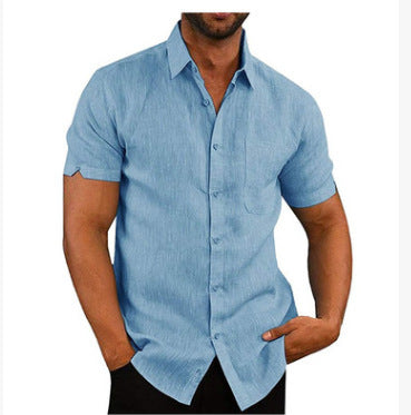 Summer Lapels Solid Color Short Sleeve Button Linen Shirt Men's Clothing