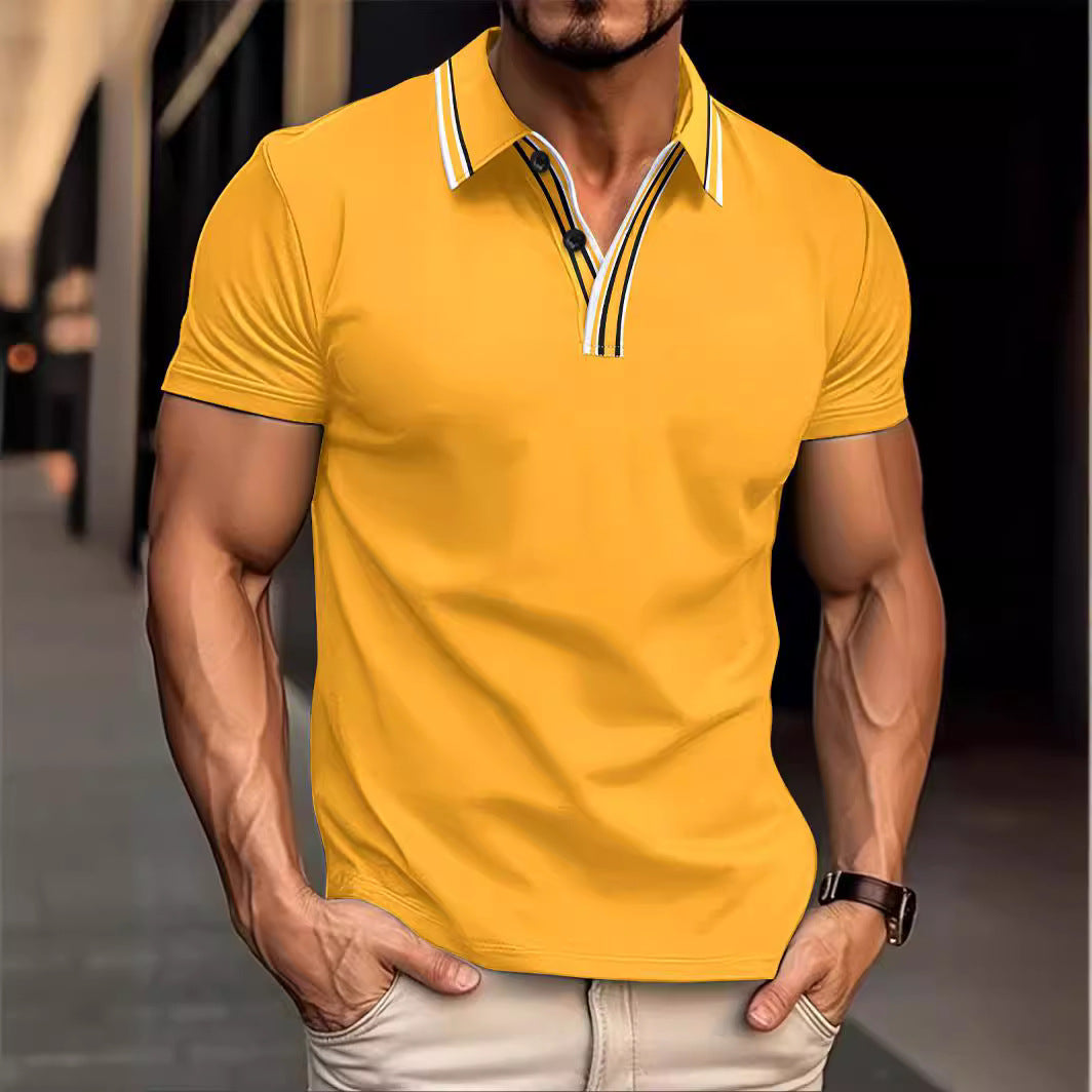 Men's Neckline Striped Casual Polo Collar Button All-match Polo Shirt Short Sleeve