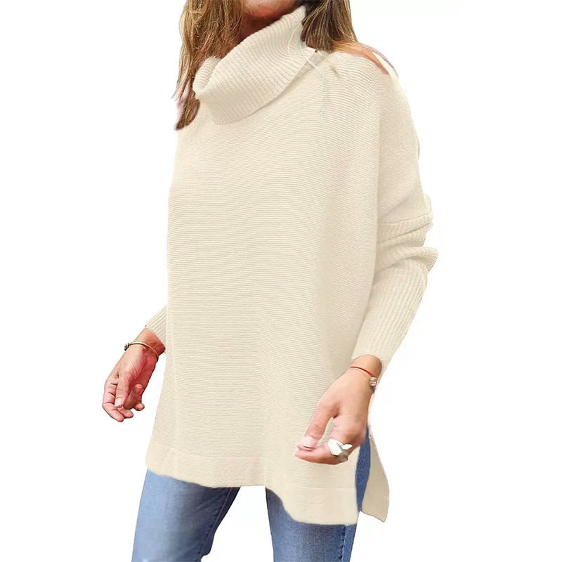 Women's Turtleneck Oversized Mid-length Batwing Split Sleeve Hem Waist Pullover Sweater