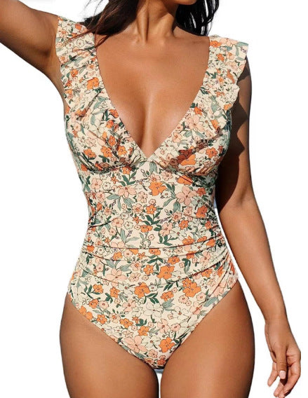 Belly One-piece V-neck Flounce Lace-up Multi-color Women's Swimsuit