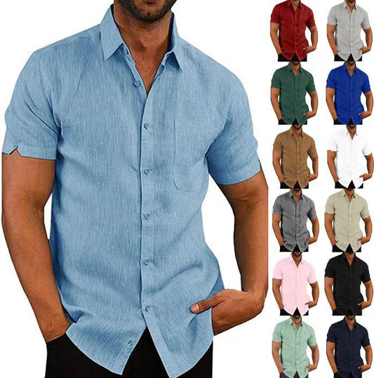 Summer Lapels Solid Color Short Sleeve Button Linen Shirt Men's Clothing