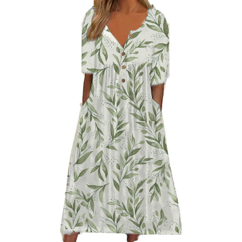 Printed Pocket Clinch Long Dress