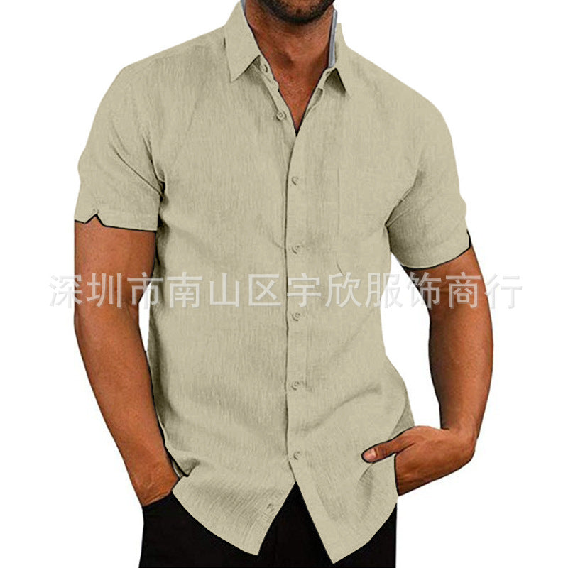 Summer Lapels Solid Color Short Sleeve Button Linen Shirt Men's Clothing