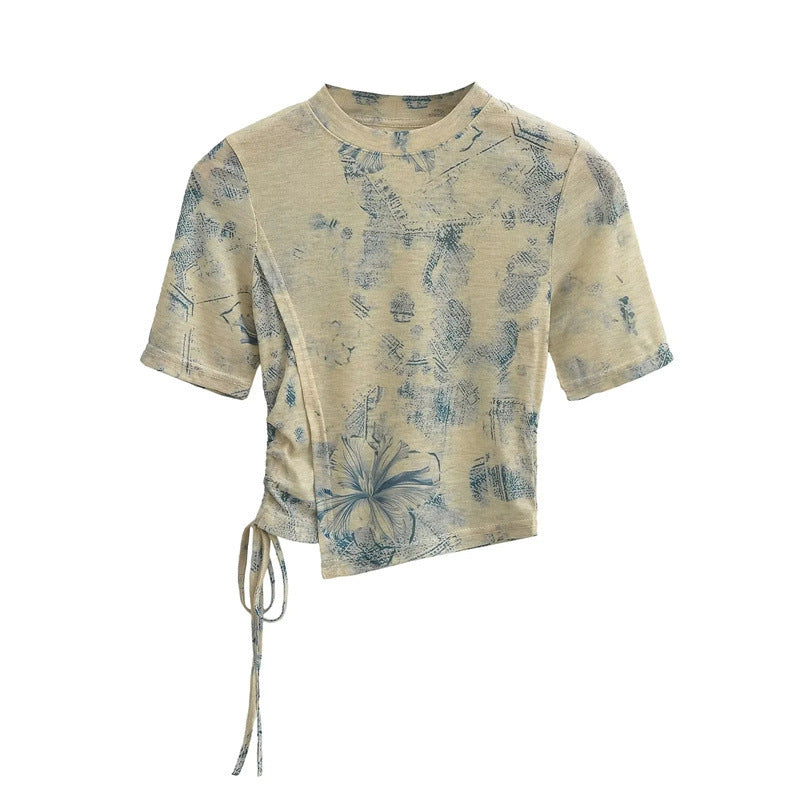 New Chinese Ink Painting Butterfly Mesh Short Sleeve Summer Asymmetric Slim-fit Shoulder T-shirt