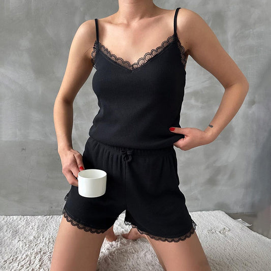 Simple solid Cotton Lace spagetti strap pajama short set