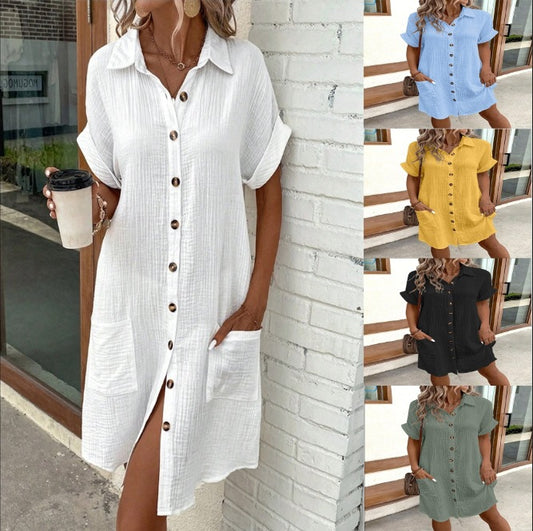 Solid Color Single-breasted Mid-length Short Sleeve Loose Dress