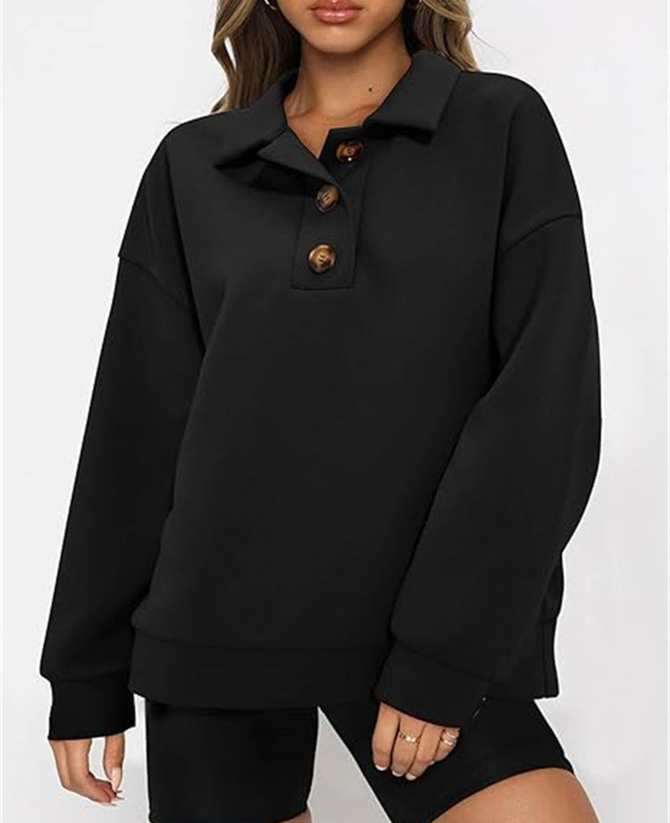 Solid Color Polo Collar Loose Long Sleeve Sweatershirt