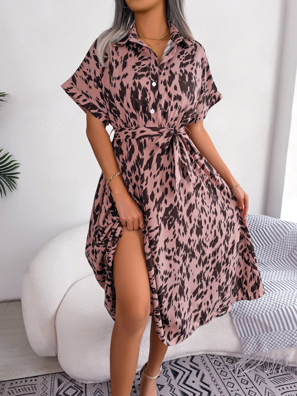 Leisure Loose Leopard Print Lace-up Shirt Dress