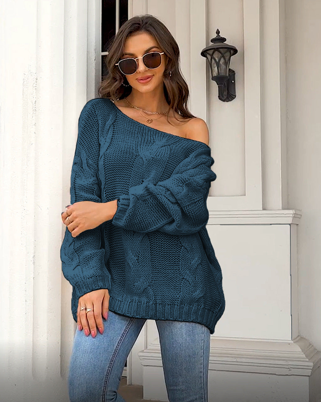 Off-neck Cable-knit Pullover Loose-fitting Oversized Sweater