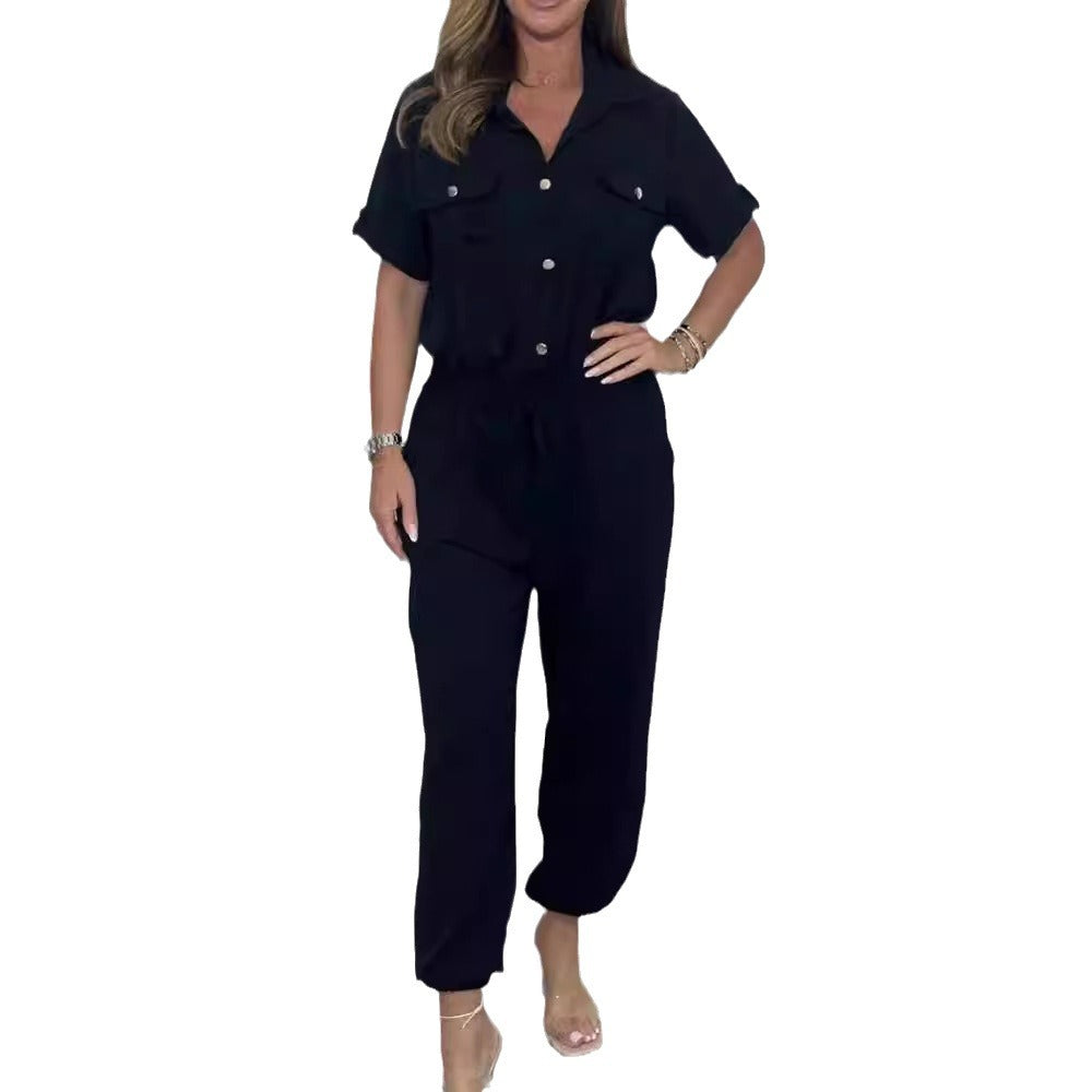 All-matching Solid Color Casual Polo Collar Shirt Wide Leg Jumpsuit For Women