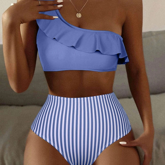 Striped Solid Color Split Bikini Women's Swimsuit