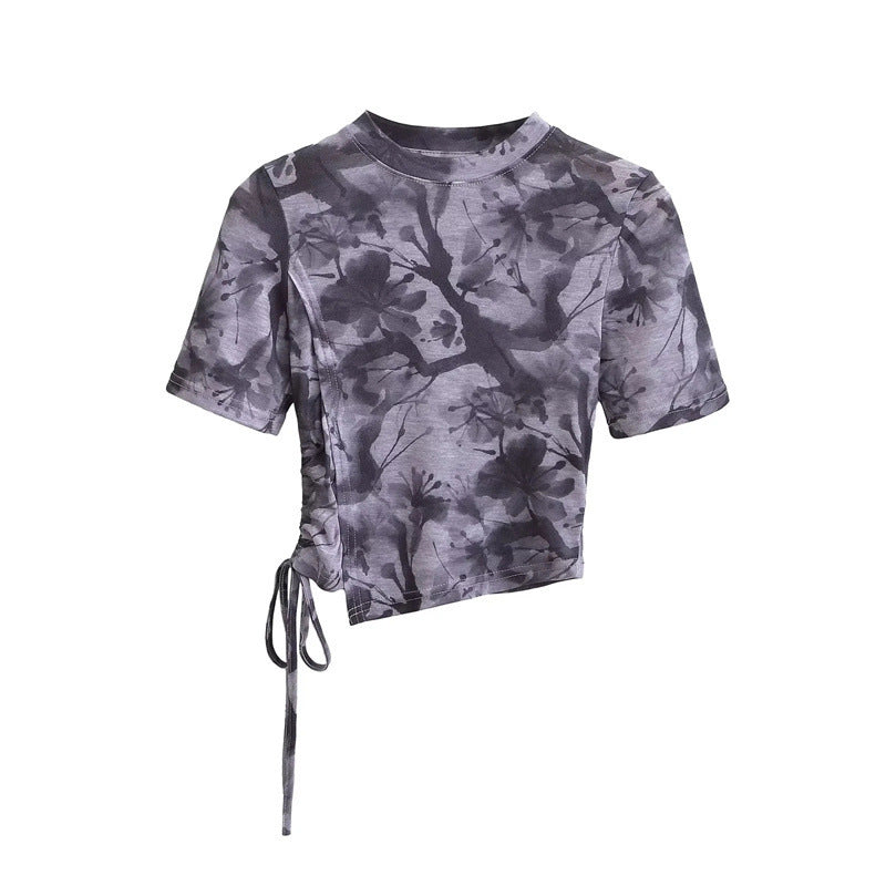 New Chinese Ink Painting Butterfly Mesh Short Sleeve Summer Asymmetric Slim-fit Shoulder T-shirt