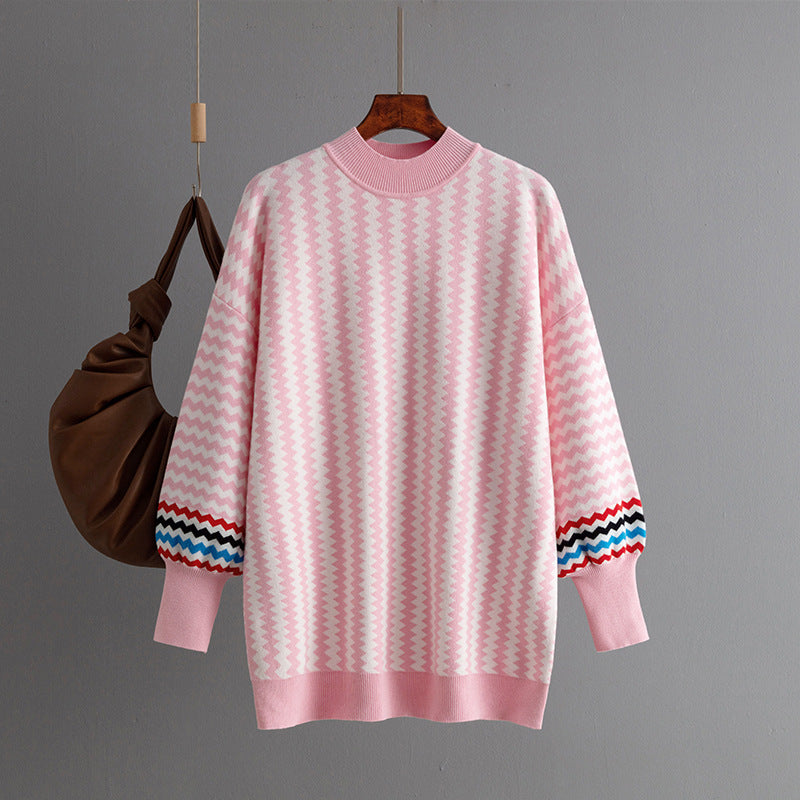 Women's Mid-length Round Neck Striped Loose Sweater