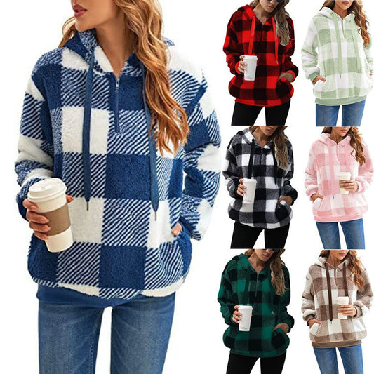 Women's Long-sleeved Hooded Plaid Plush Sweater