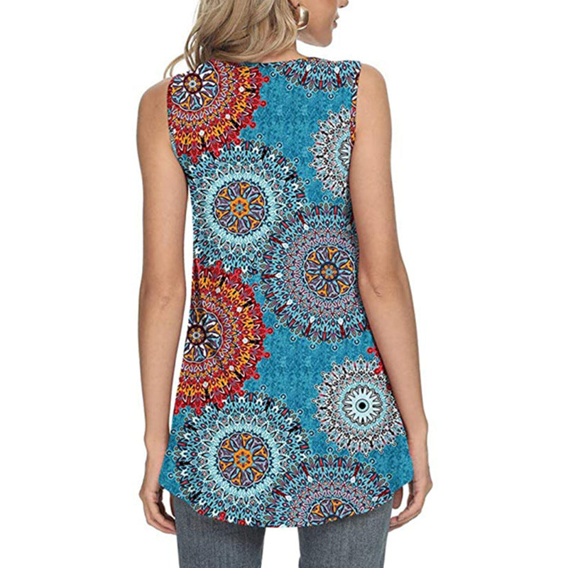 Women's Printed Round Neck Pleated Sleeveless Vest Top