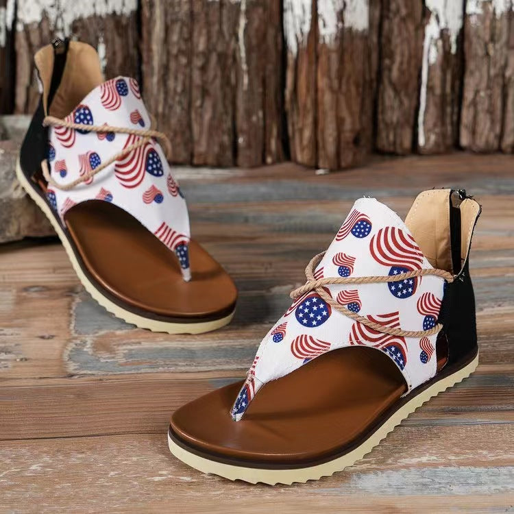 Women's Flip-toe Printed Flat Sandals With Back Zipper