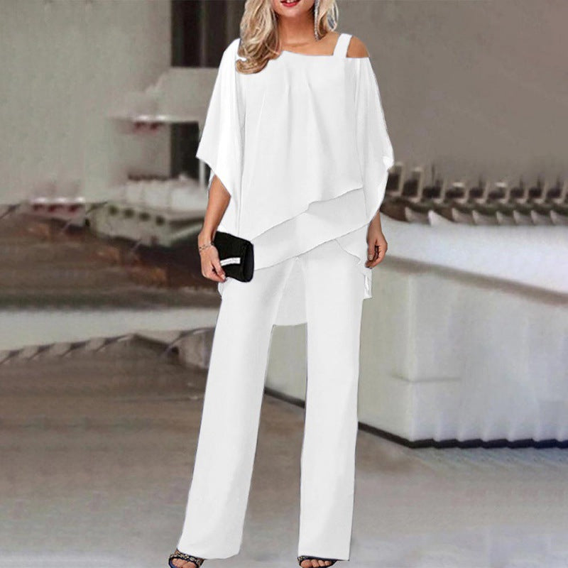 Solid Color Loose Batwing Sleeve Trousers Irregular Suit