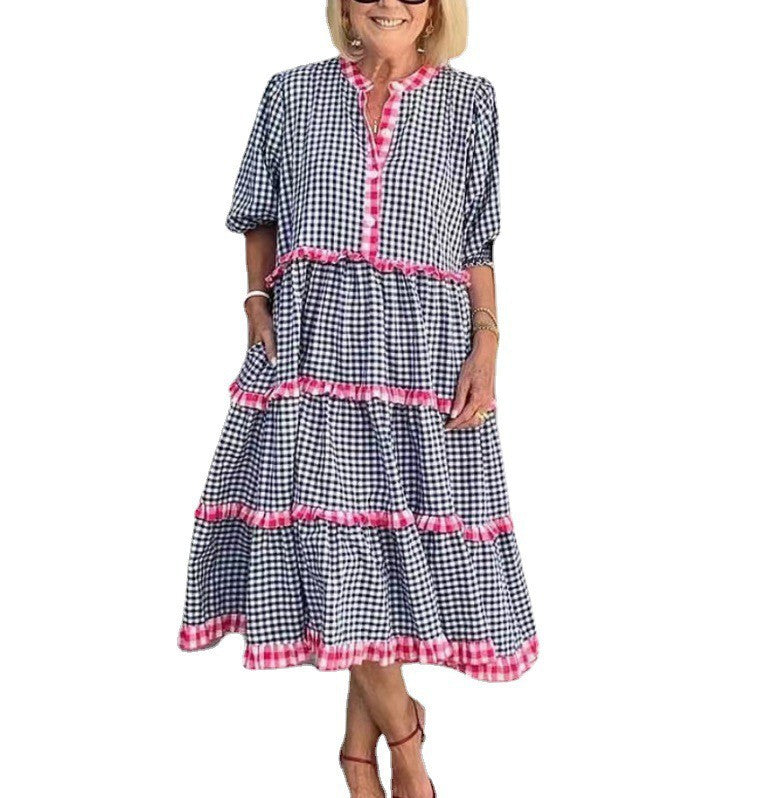 Women's Temperament Plaid Colorblock Stand Collar Dress