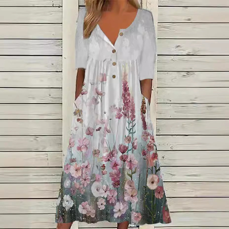 Printed Pocket Clinch Long Dress