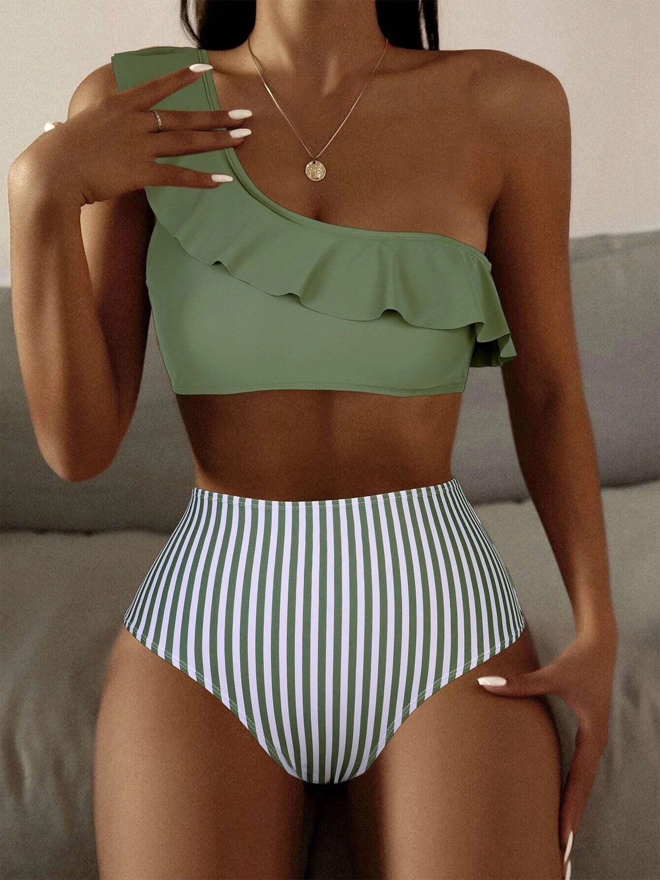 Striped Solid Color Split Bikini Women's Swimsuit