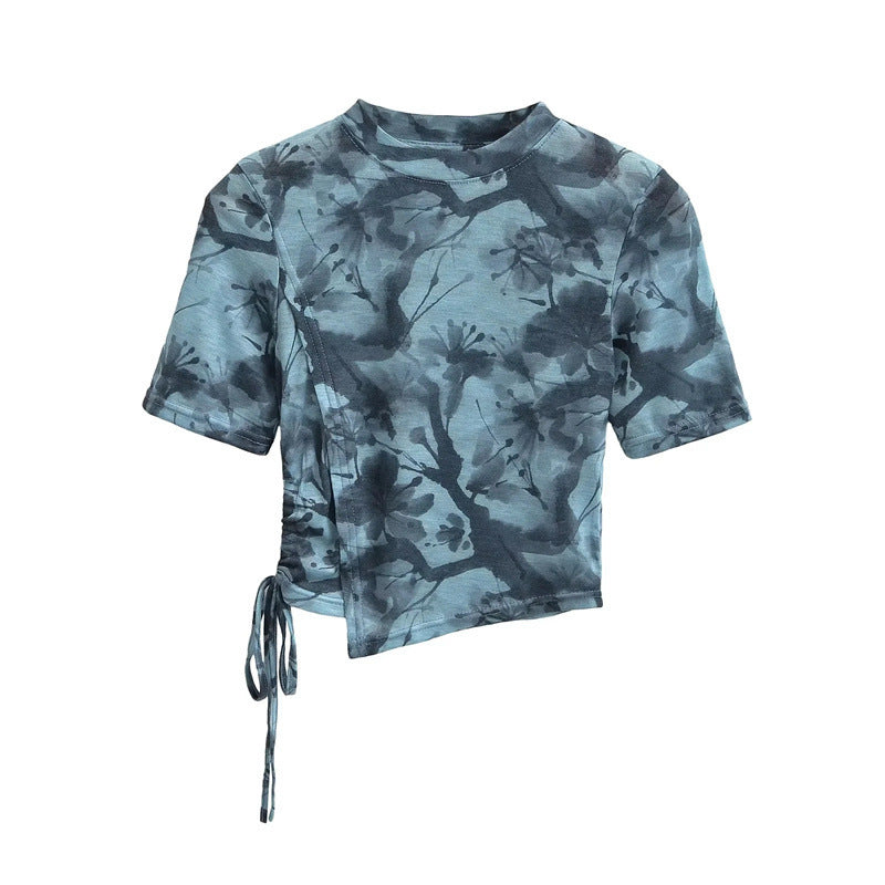 New Chinese Ink Painting Butterfly Mesh Short Sleeve Summer Asymmetric Slim-fit Shoulder T-shirt