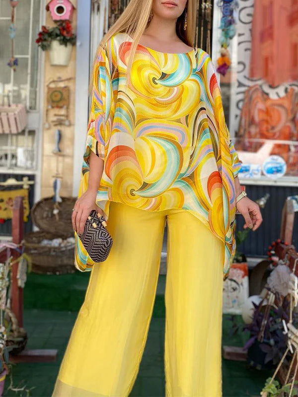Summer New Colorful Chiffon Suit Casual Round Neck Printed Two-piece Suit