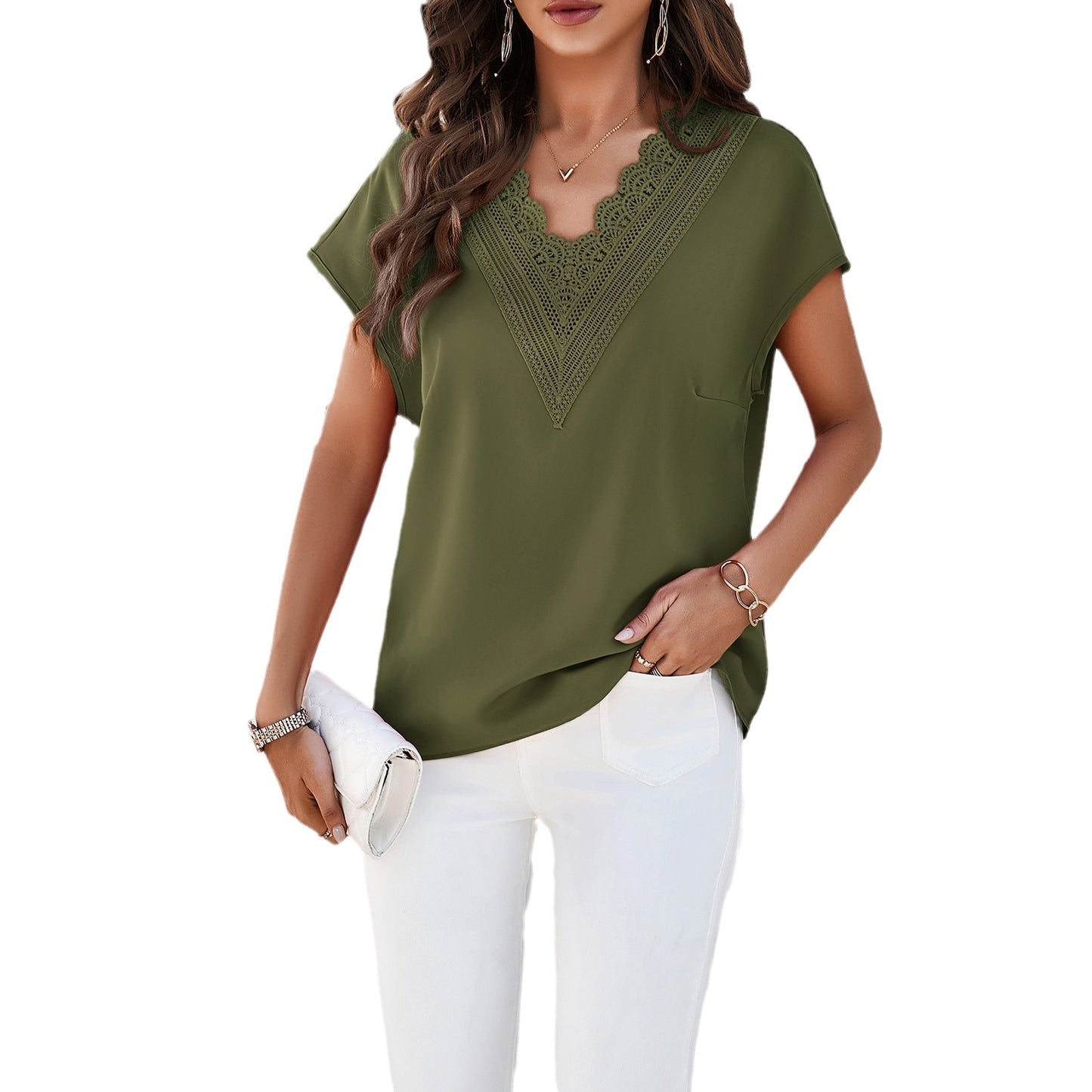 Women's Solid Color And V-neck Short-sleeved Shirt