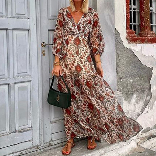 Fashion Temperament Printed V-neck Bohemian Long Dress