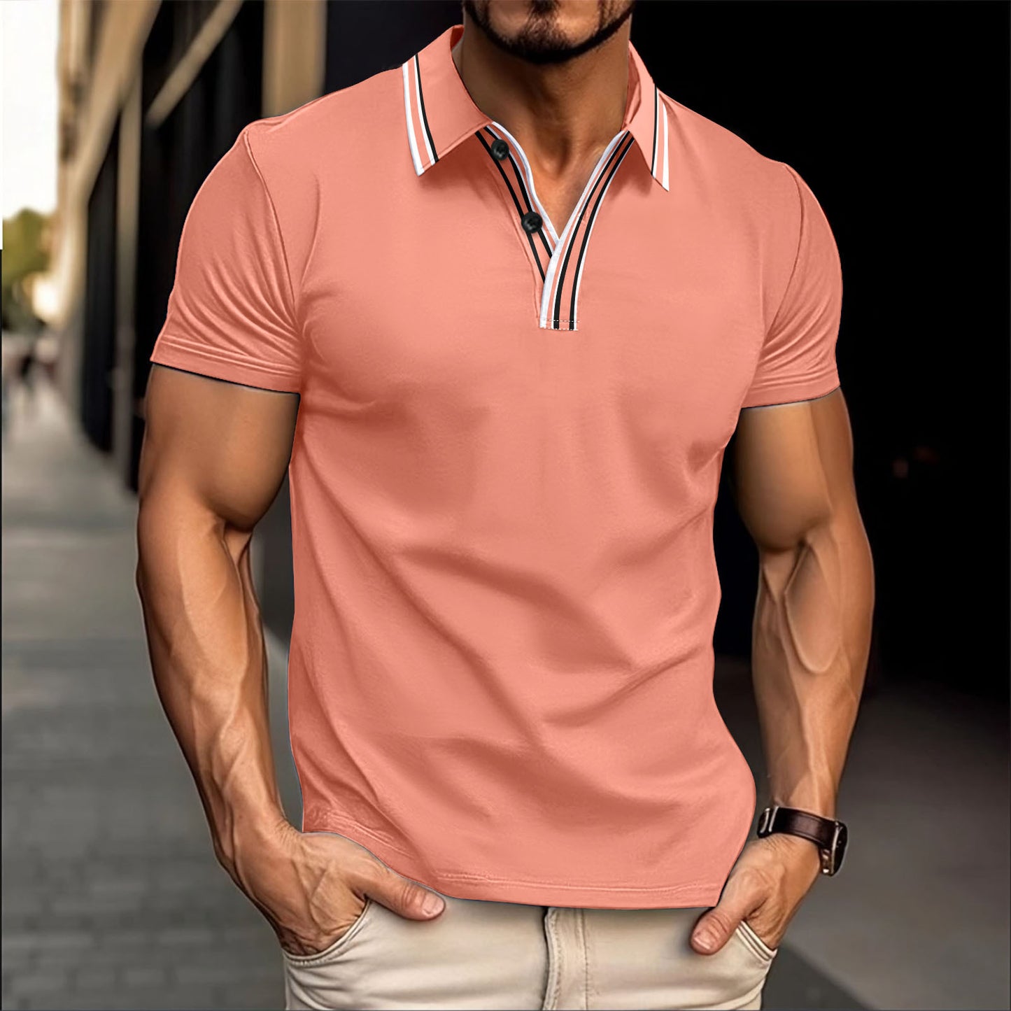 Men's Neckline Striped Casual Polo Collar Button All-match Polo Shirt Short Sleeve