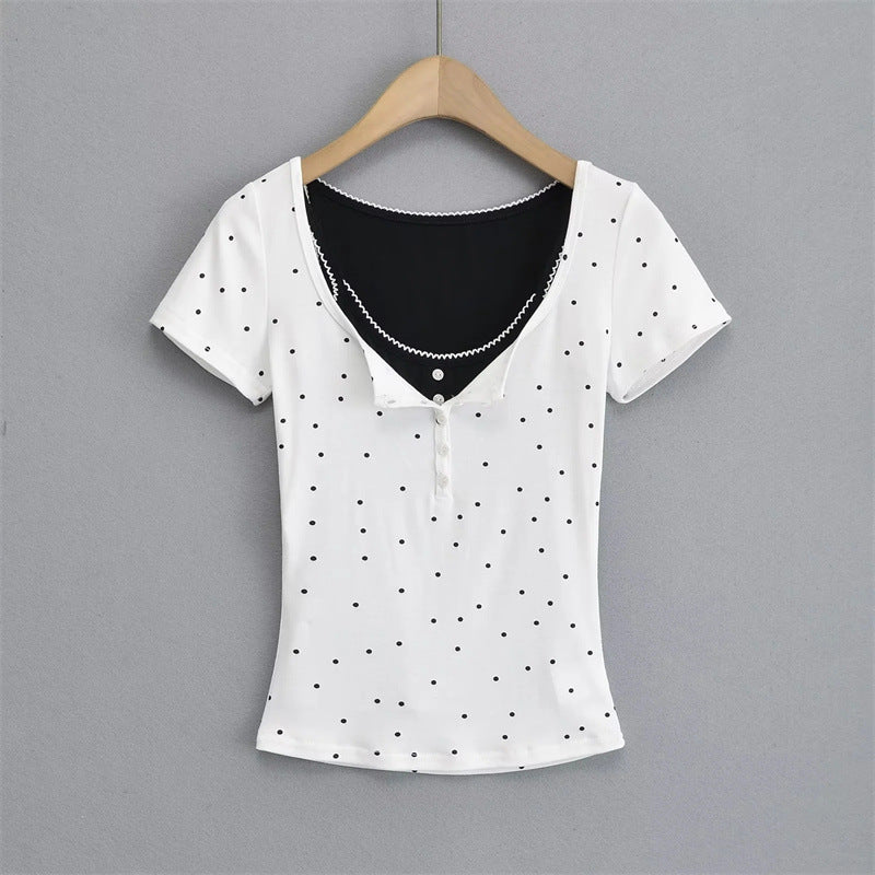 Sweet Girl Polka Dot Breasted Shoulder Short Sleeve Design Two-piece Set