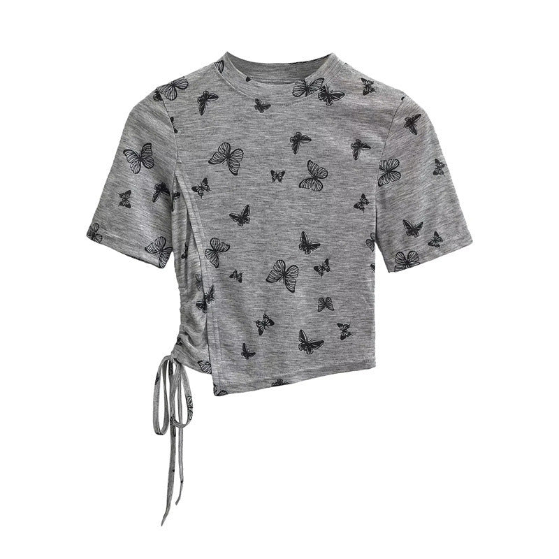 New Chinese Ink Painting Butterfly Mesh Short Sleeve Summer Asymmetric Slim-fit Shoulder T-shirt