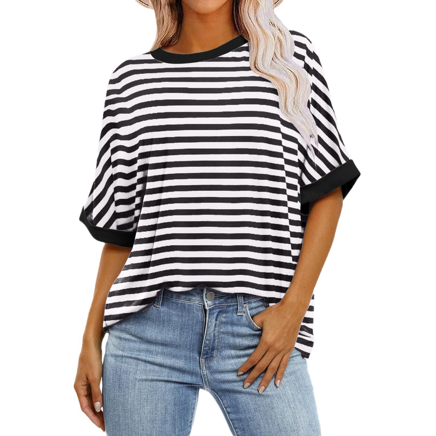 Women's Striped Printed Loose Color Matching Short Sleeve