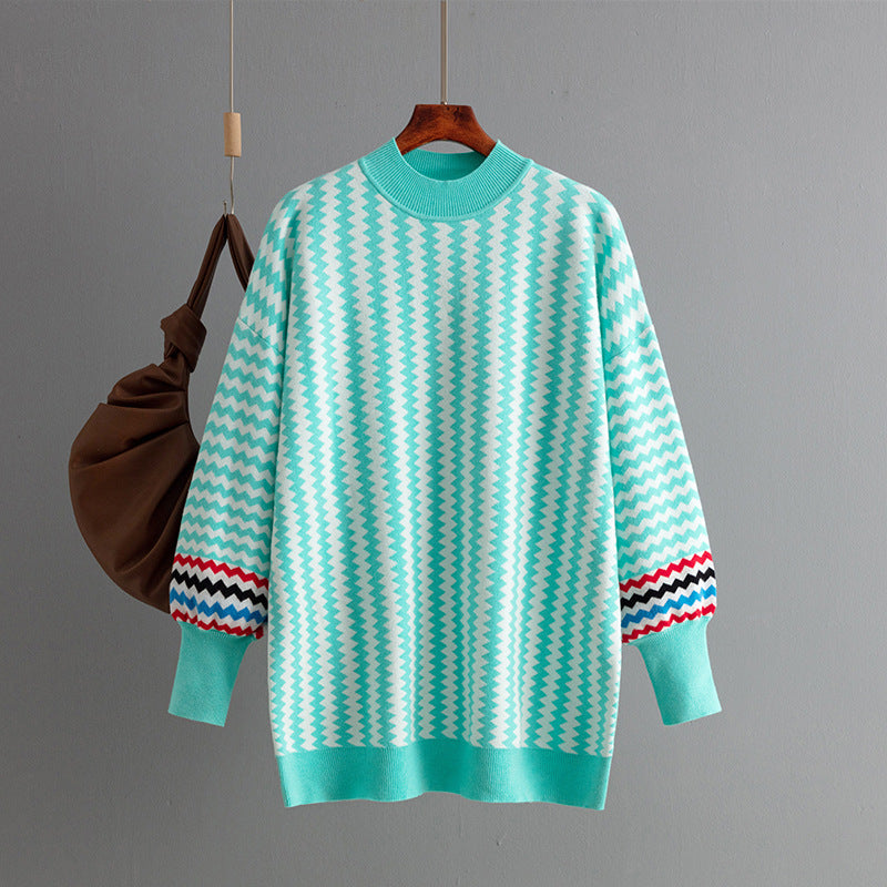 Women's Mid-length Round Neck Striped Loose Sweater