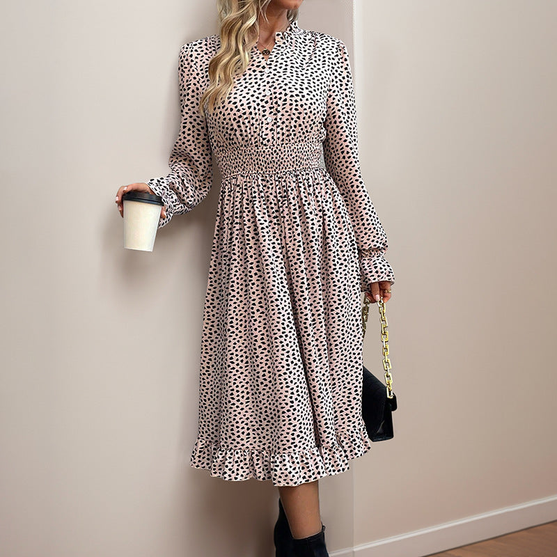 Women's Smocking Long Sleeve Leopard Print Dress