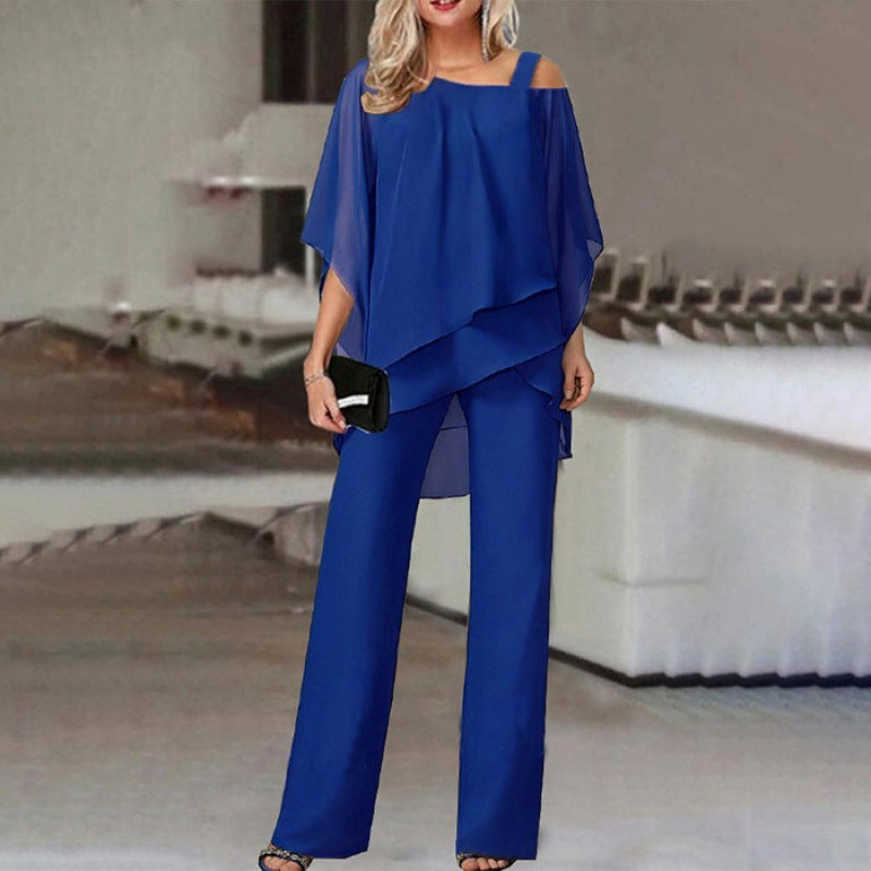 Solid Color Loose Batwing Sleeve Trousers Irregular Suit