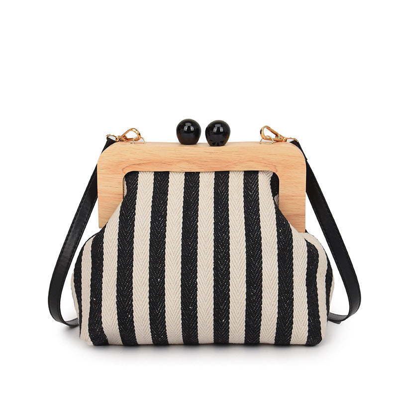 New Striped Canvas Wooden Clip-mouth Clutch