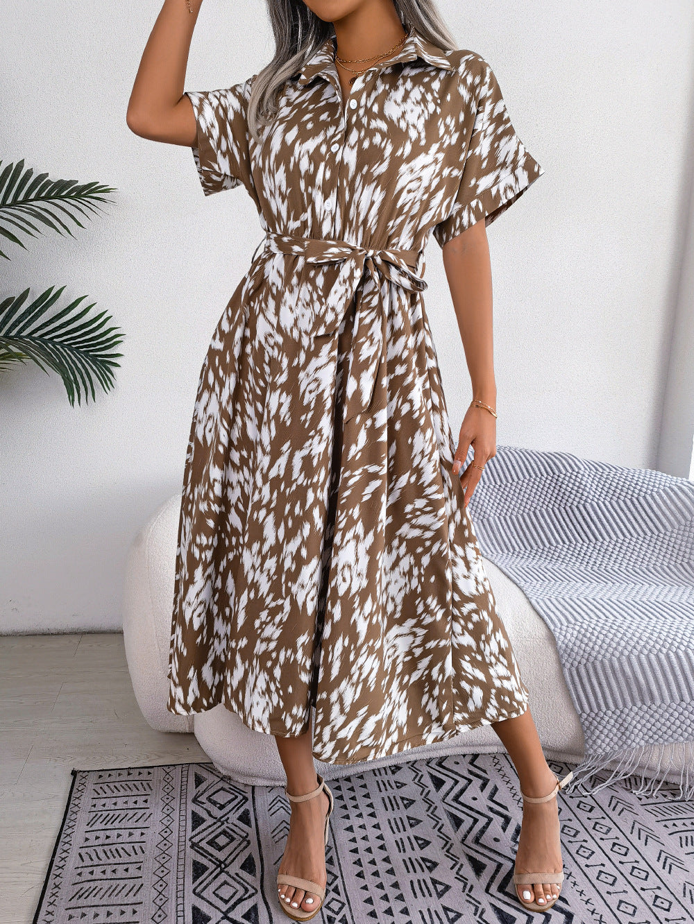 Leisure Loose Leopard Print Lace-up Shirt Dress