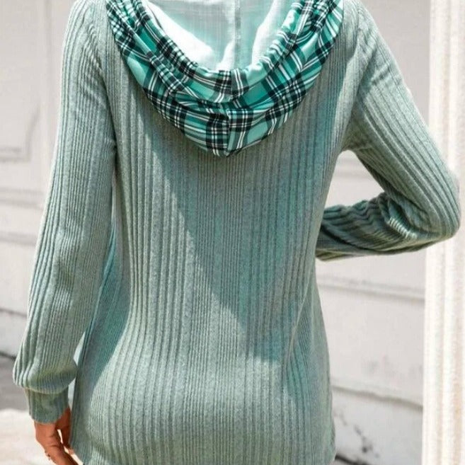 Knitted Stitching Contrast Color Jacquard Hooded Long Sleeve Sweater